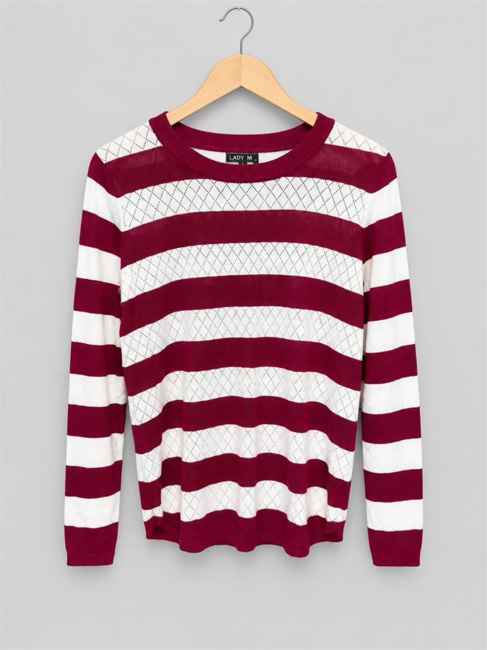 Women’s Burgundy and White Striped Crewneck Maternity Sweater